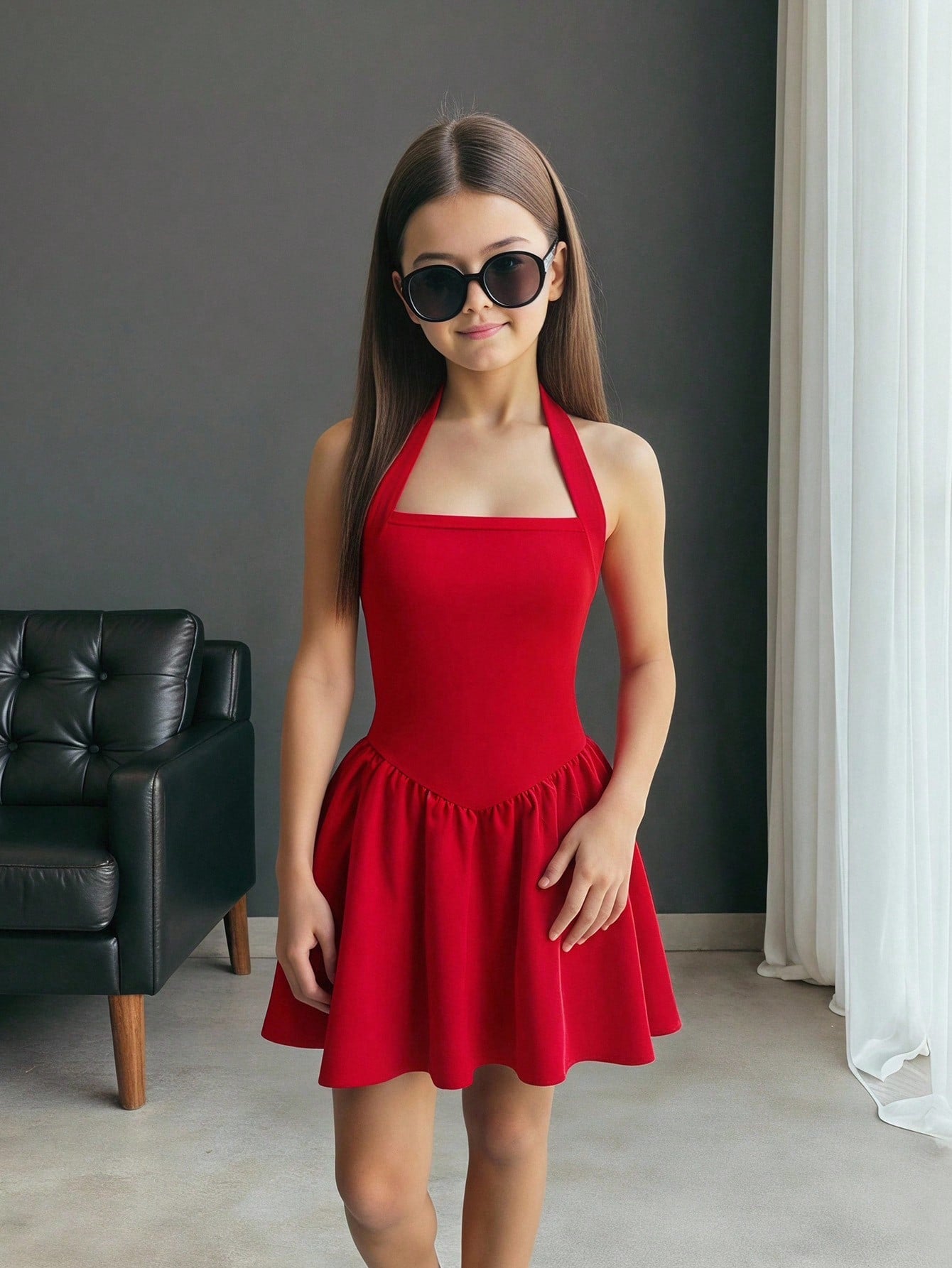 Black sleeveless halter polka dot mini dress for tween girls featuring a high waist and flared hem