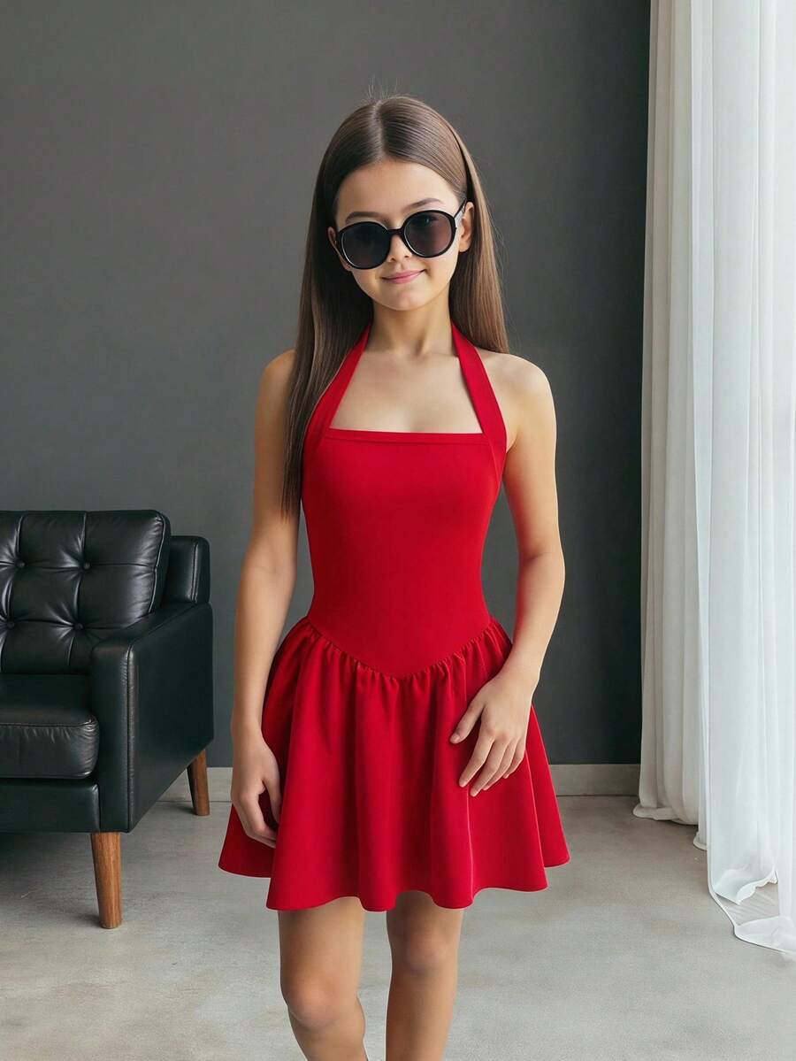Black sleeveless halter polka dot mini dress for tween girls featuring a high waist and flared hem