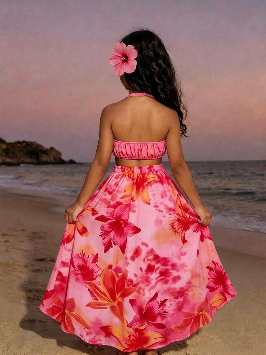 Tween girls floral halter dress with backless sleeveless design, belted high waist, shirred details, appliques, and flared A-line midi silhouette for summer vacation or graduation outfit.