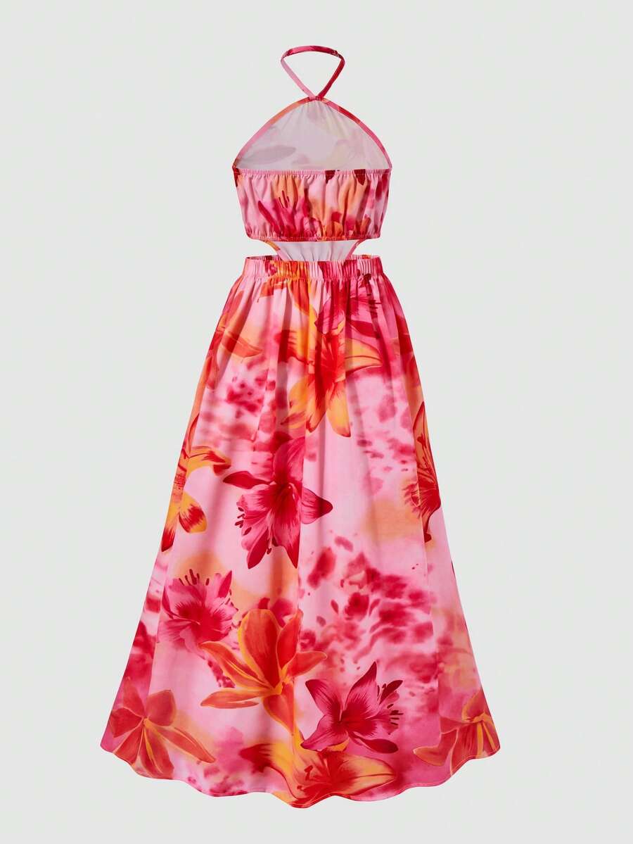 Tween girls floral halter dress with backless sleeveless design, belted high waist, shirred details, appliques, and flared A-line midi silhouette for summer vacation or graduation outfit.