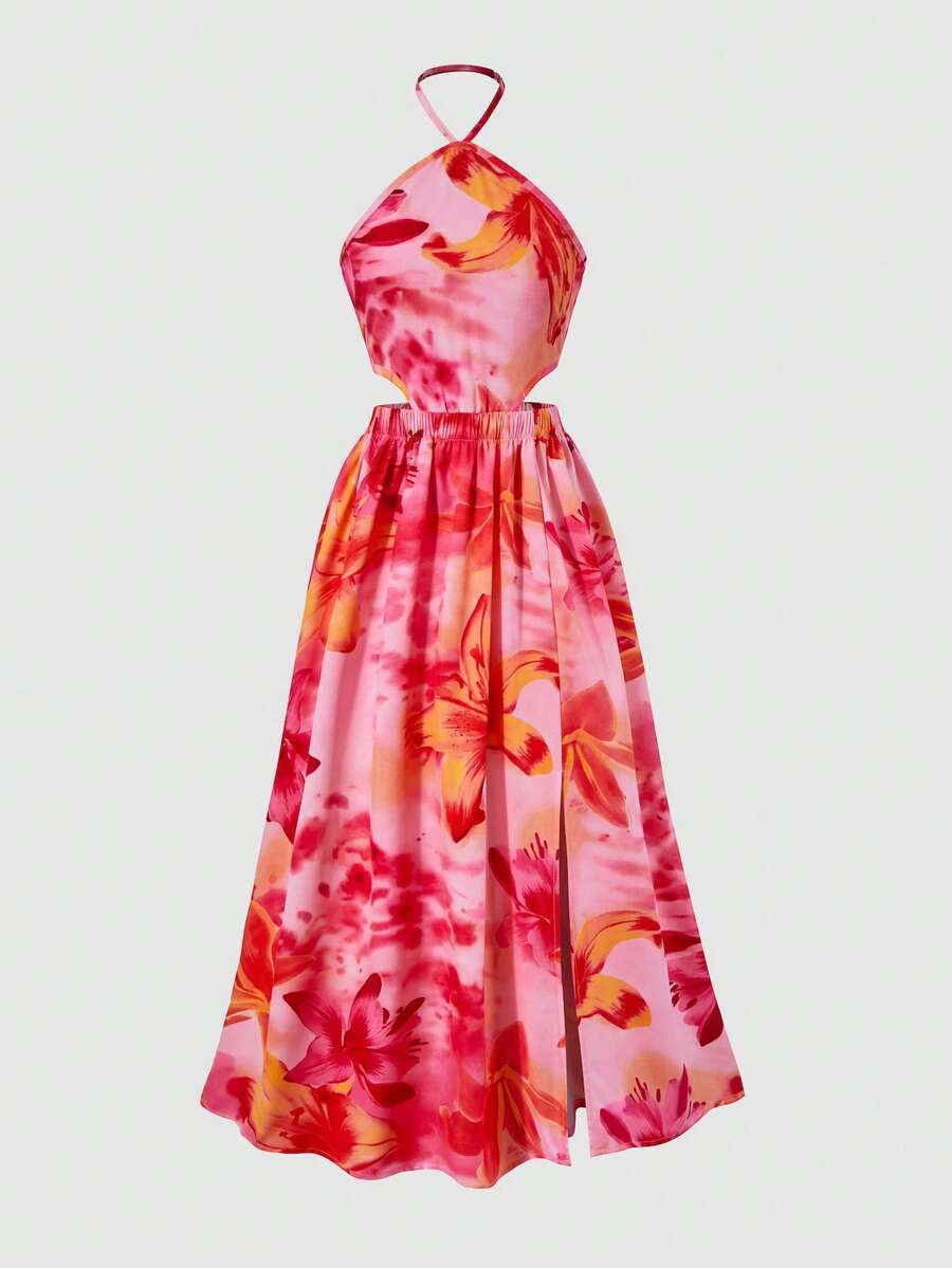 Tween girls floral halter dress with backless sleeveless design, belted high waist, shirred details, appliques, and flared A-line midi silhouette for summer vacation or graduation outfit.