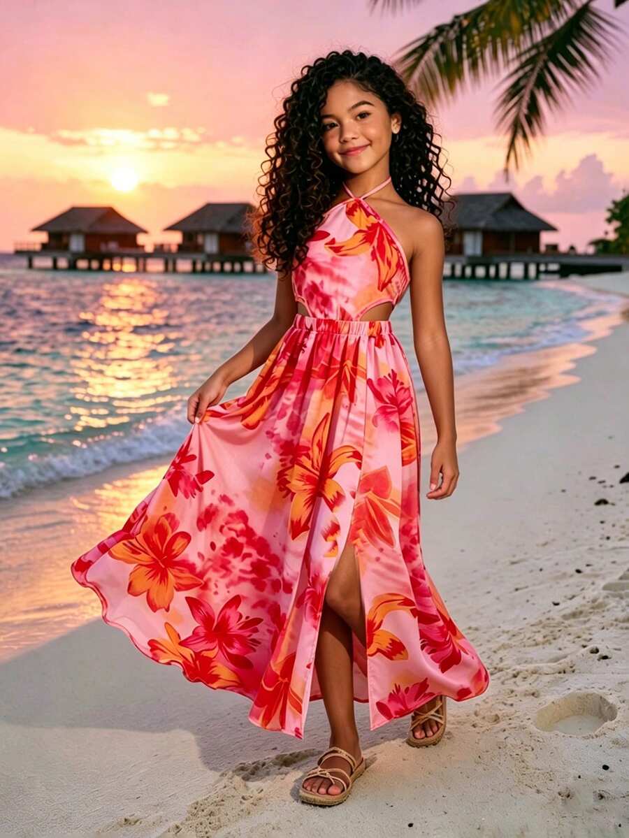 Tween girls floral halter dress with backless sleeveless design, belted high waist, shirred details, appliques, and flared A-line midi silhouette for summer vacation or graduation outfit.