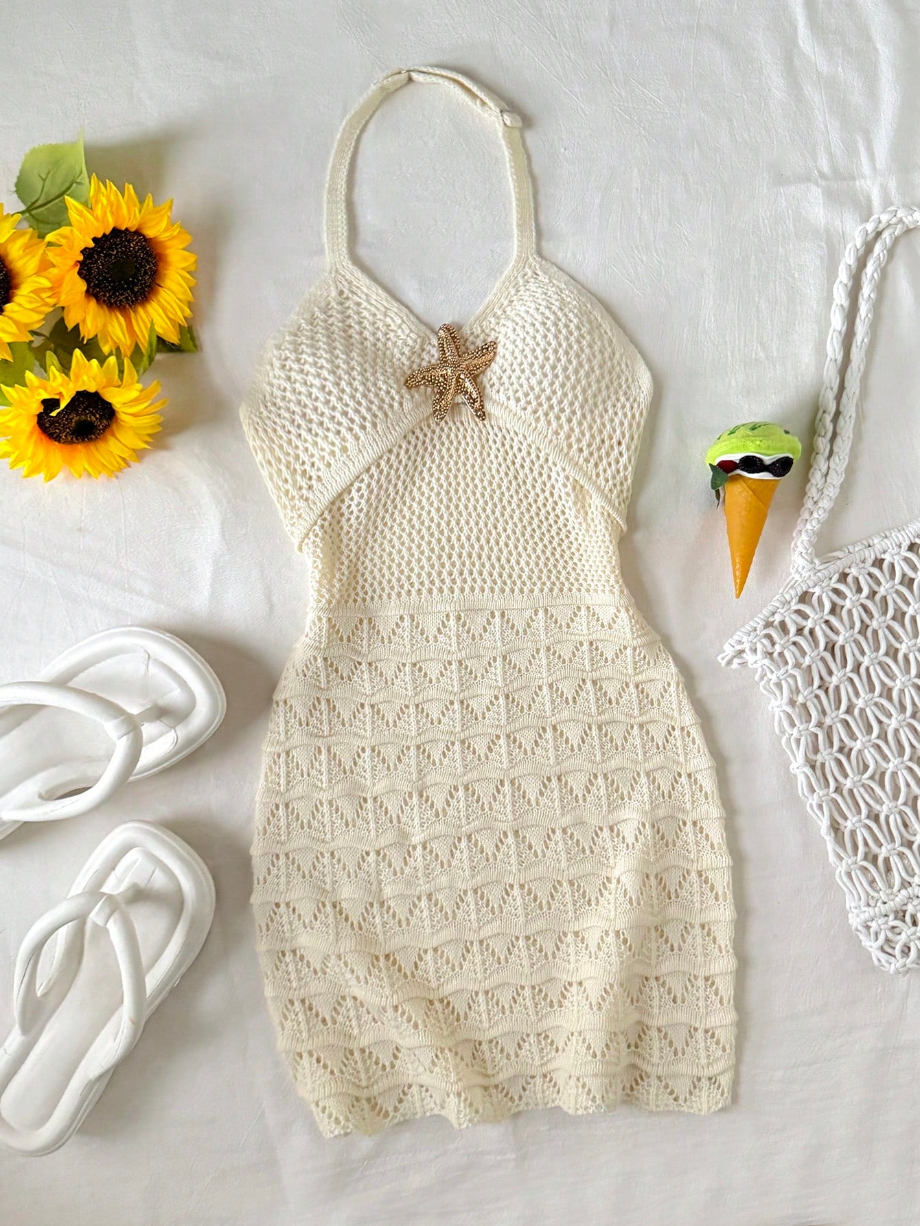 Apricot tween girls halter cover-up dress with cut-out detail, plant pattern, sleeveless design, and metal starfish decor by LocalSHEIN