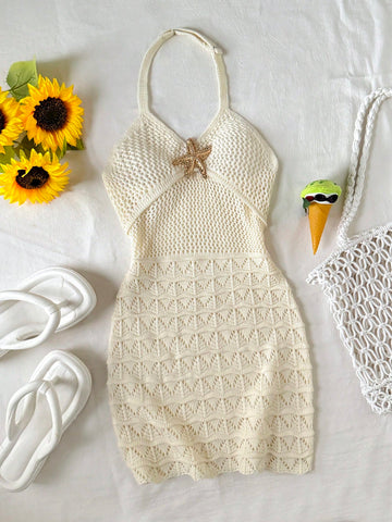 Apricot tween girls halter cover-up dress with cut-out detail, plant pattern, sleeveless design, and metal starfish decor by LocalSHEIN