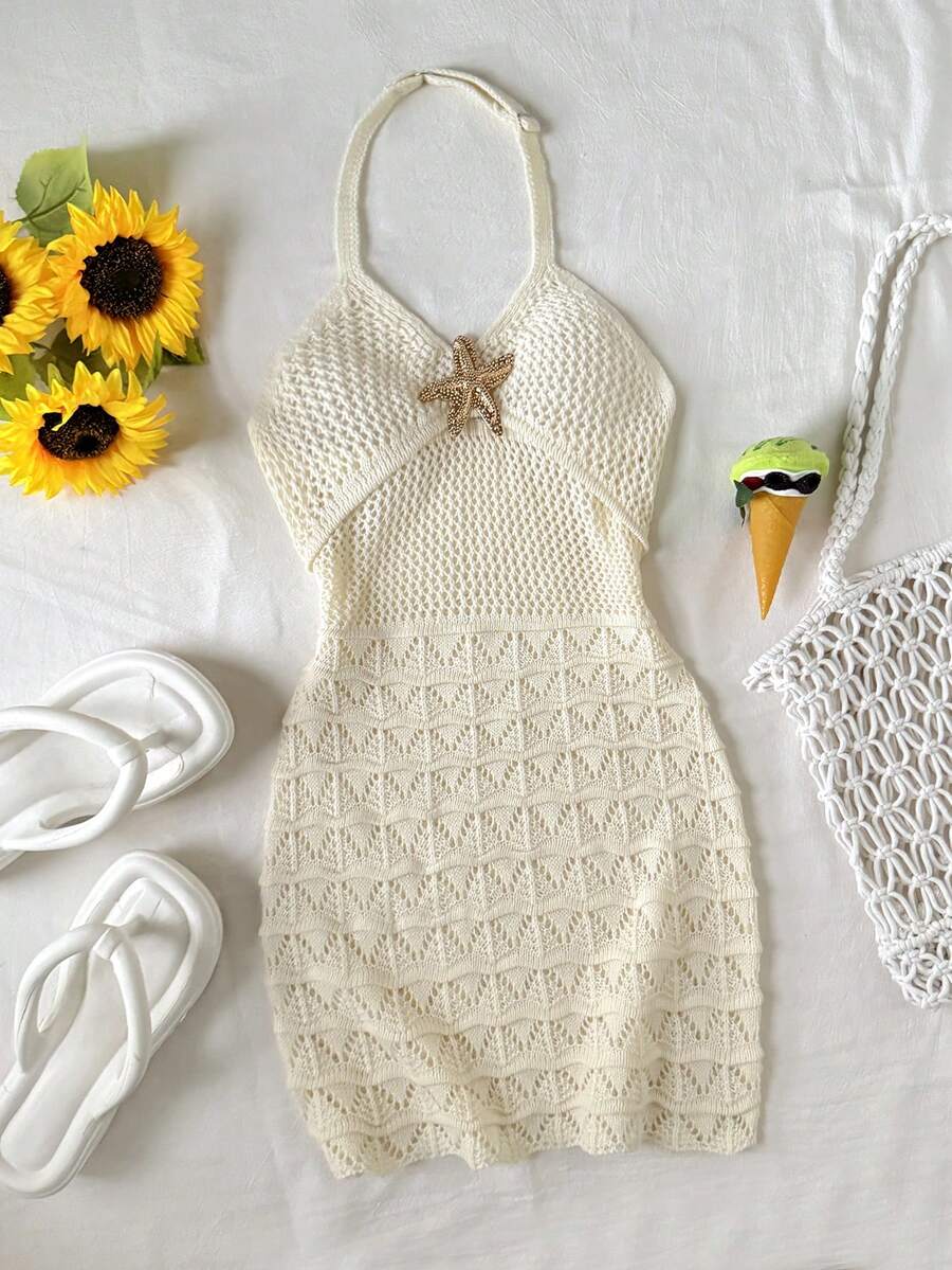 Apricot tween girls halter cover-up dress with cut-out detail, plant pattern, sleeveless design, and metal starfish decor by LocalSHEIN