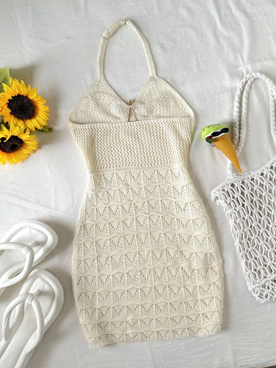 Apricot tween girls halter cover-up dress with cut-out detail, plant pattern, sleeveless design, and metal starfish decor by LocalSHEIN