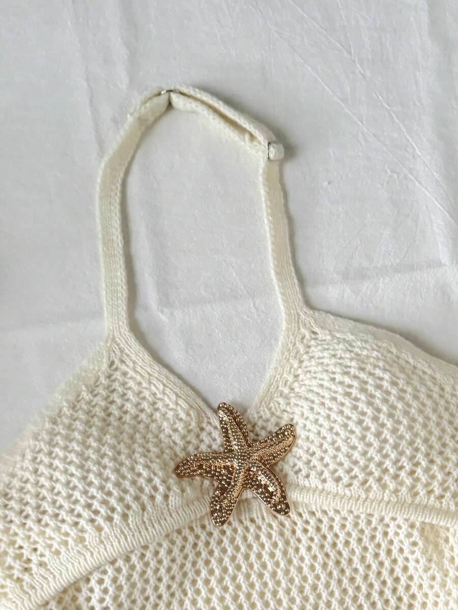 Apricot tween girls halter cover-up dress with cut-out detail, plant pattern, sleeveless design, and metal starfish decor by LocalSHEIN