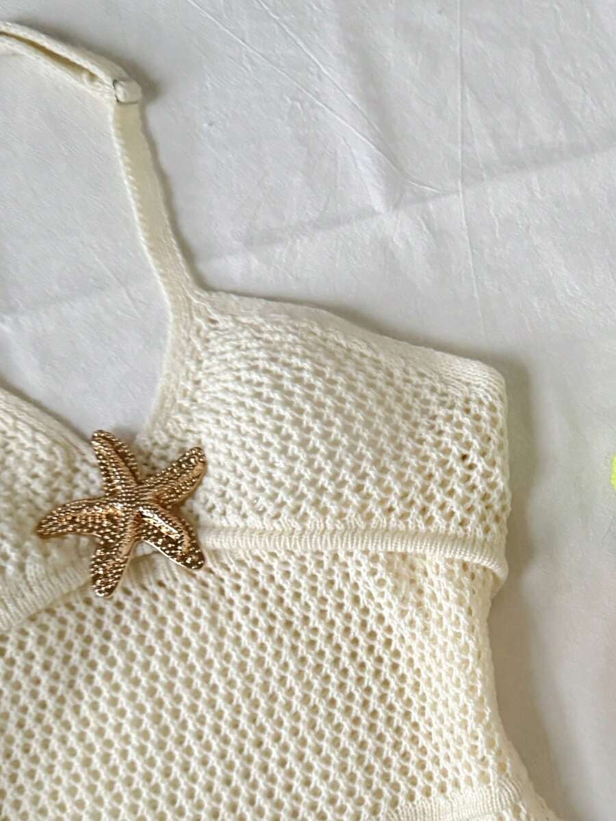 Apricot tween girls halter cover-up dress with cut-out detail, plant pattern, sleeveless design, and metal starfish decor by LocalSHEIN