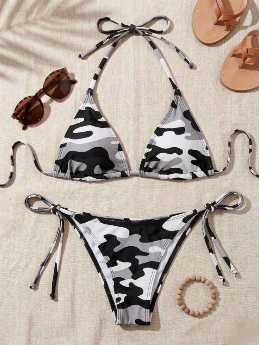 Women's high waist camouflage bikini set featuring a halter top with triangle wireless cups and backless design.