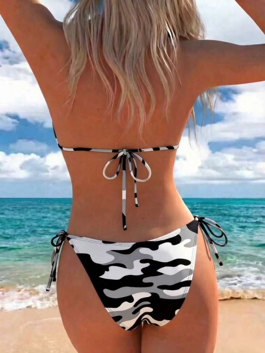 Women's high waist camouflage bikini set featuring a halter top with triangle wireless cups and backless design.