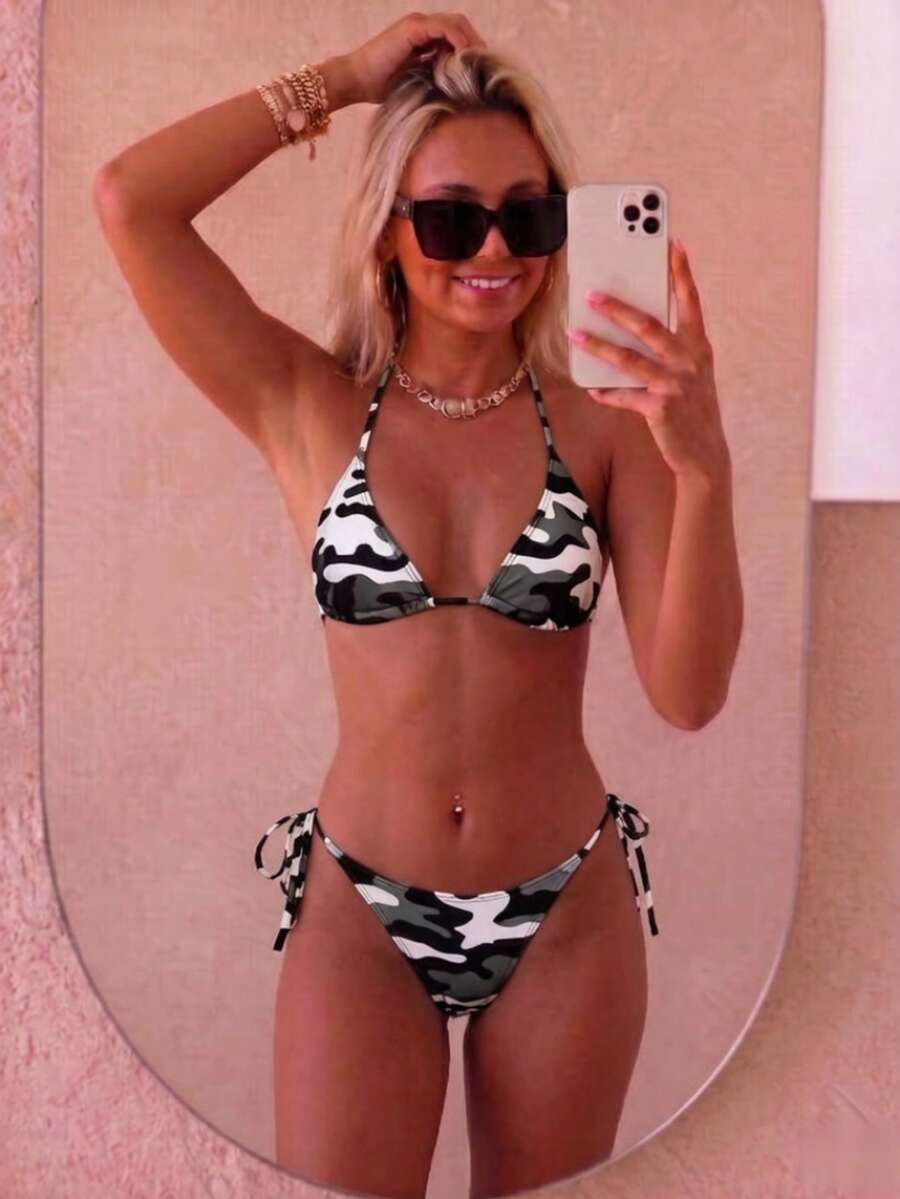 Women's high waist camouflage bikini set featuring a halter top with triangle wireless cups and backless design.