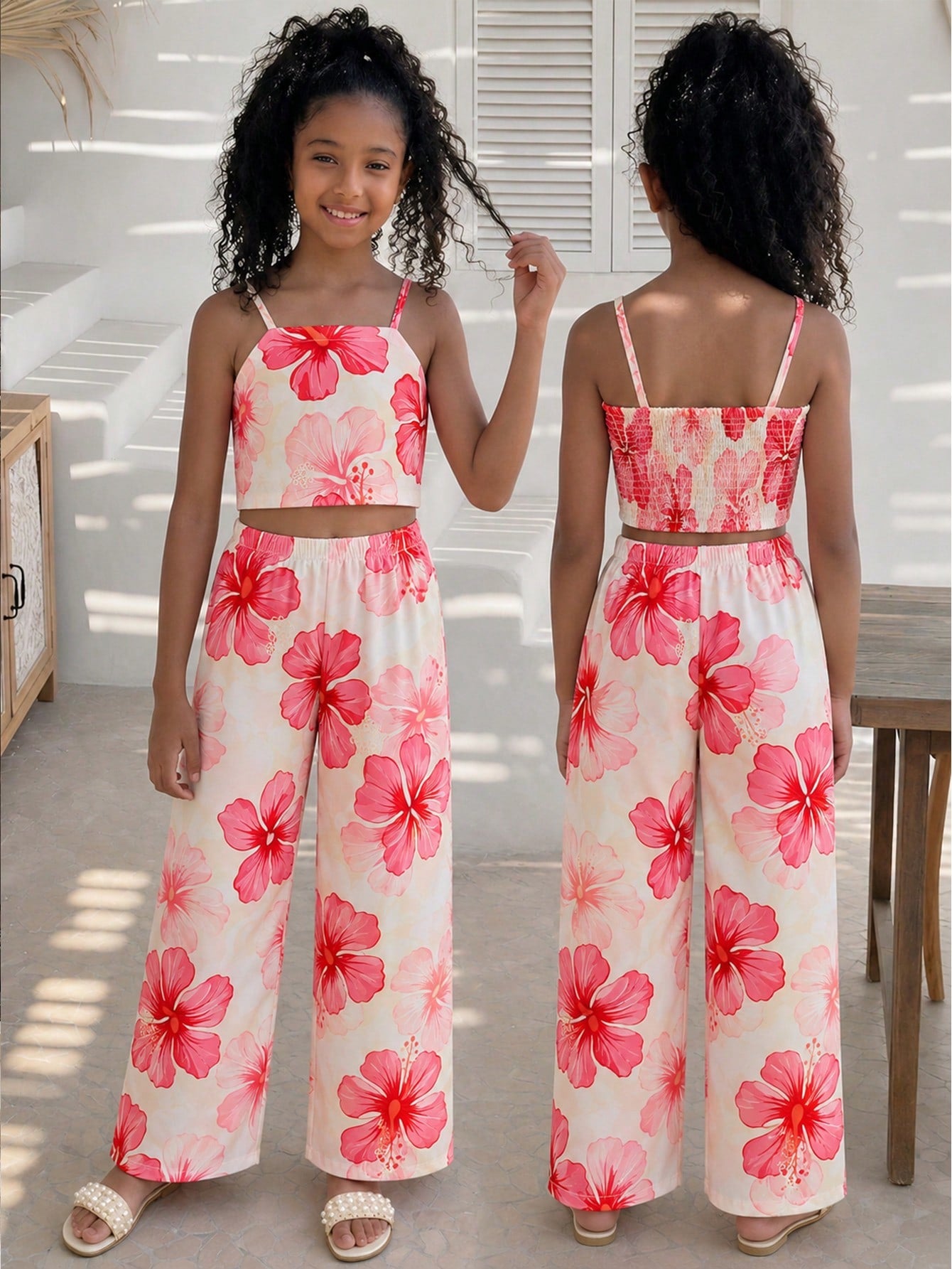 Tween girls casual 2-piece set featuring an apricot woven camisole crop top with back shirring and matching high-waisted loose long pants.