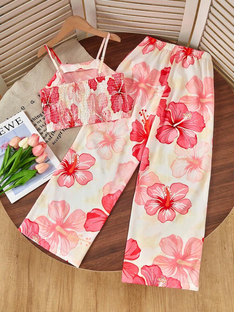 Tween girls casual 2-piece set featuring an apricot woven camisole crop top with back shirring and matching high-waisted loose long pants.