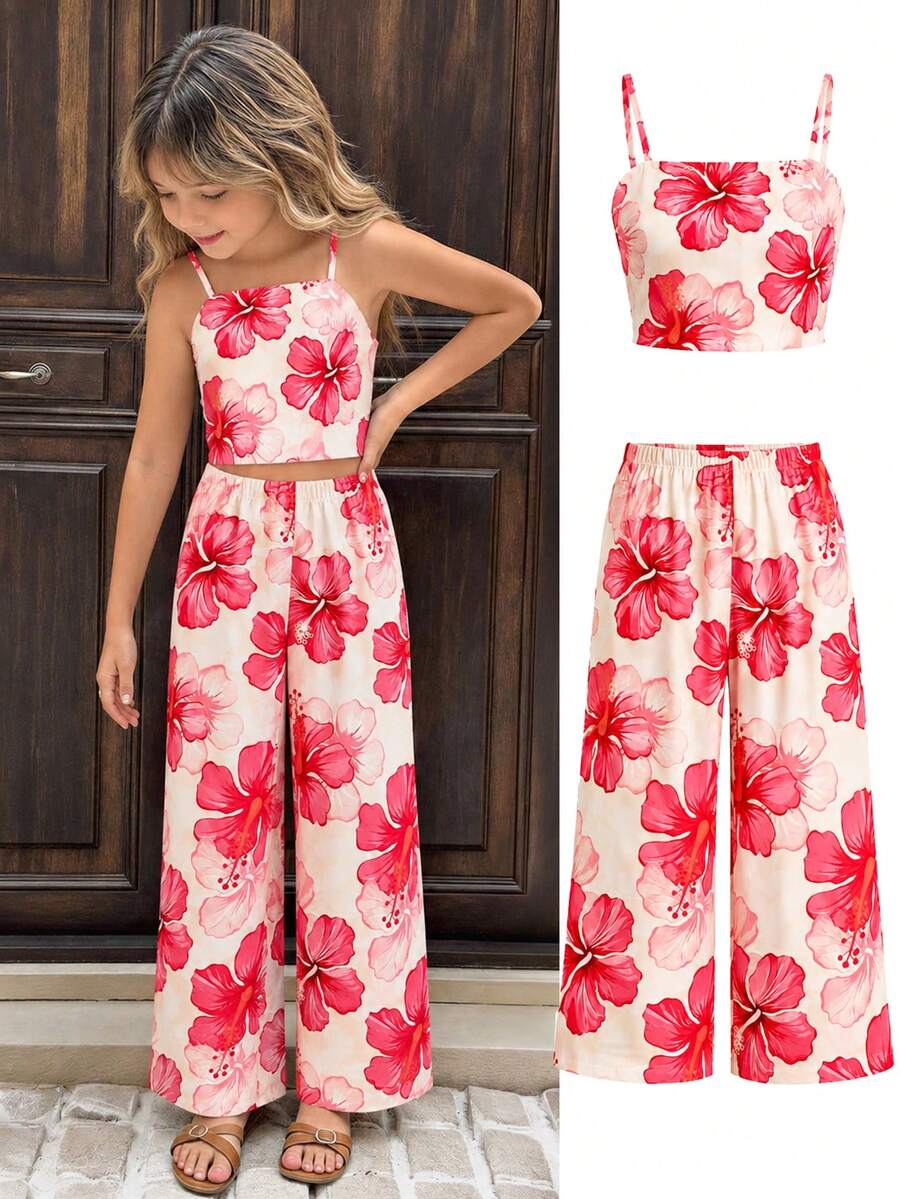 Tween girls casual 2-piece set featuring an apricot woven camisole crop top with back shirring and matching high-waisted loose long pants.