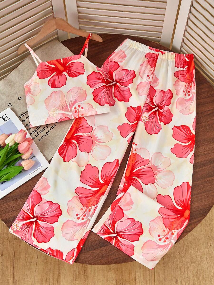 Tween girls casual 2-piece set featuring an apricot woven camisole crop top with back shirring and matching high-waisted loose long pants.