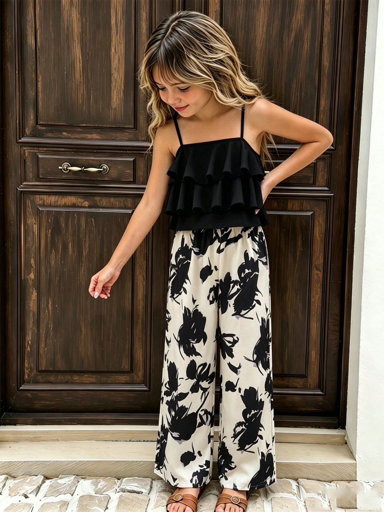 Tween girls blue 2-piece vacation outfit set featuring a tiered ruffle spaghetti strap camisole and loose high-waist pants.