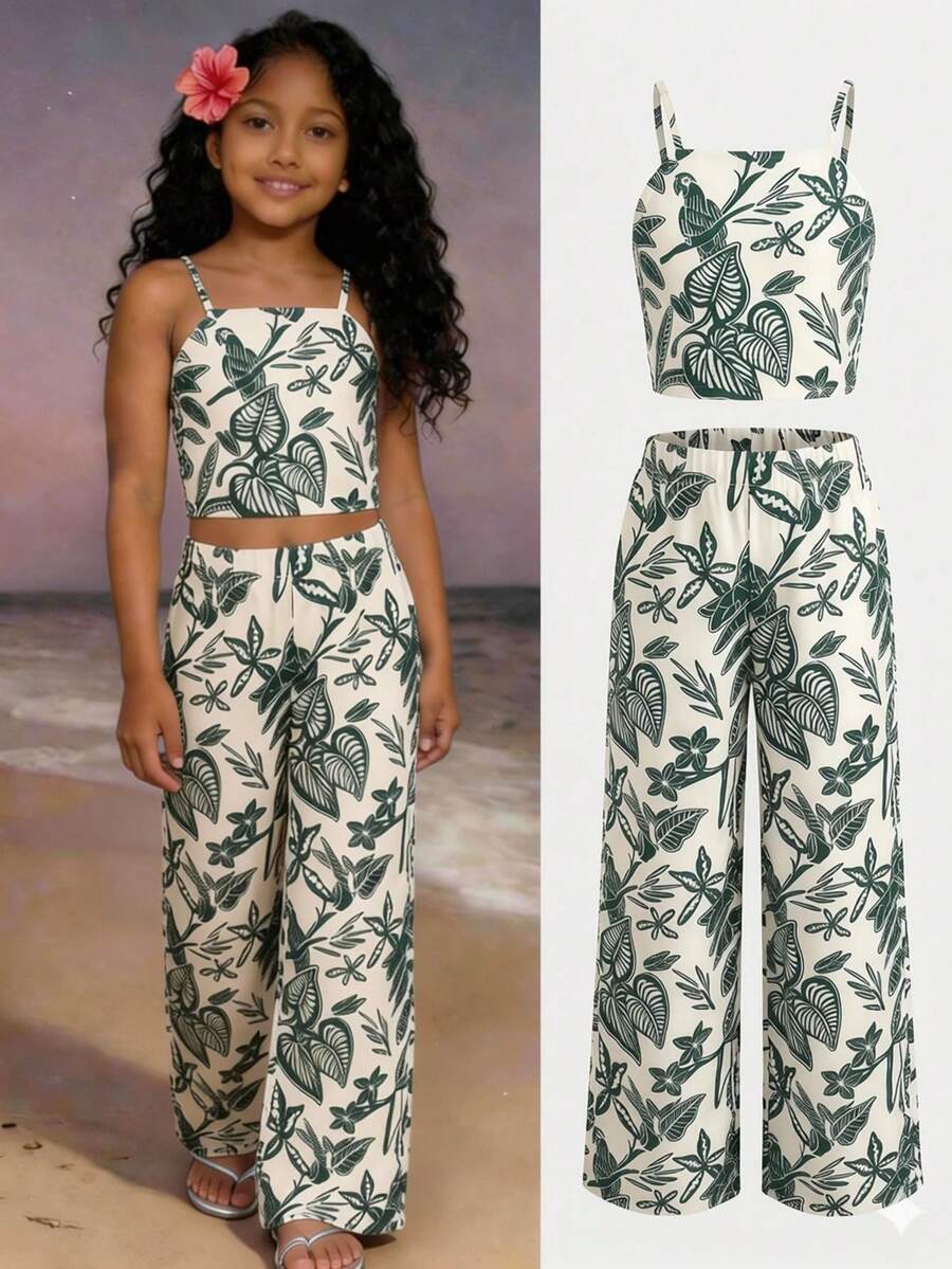 Tween girls casual 2-piece set featuring an apricot woven camisole crop top with back shirring and matching high-waisted loose long pants.