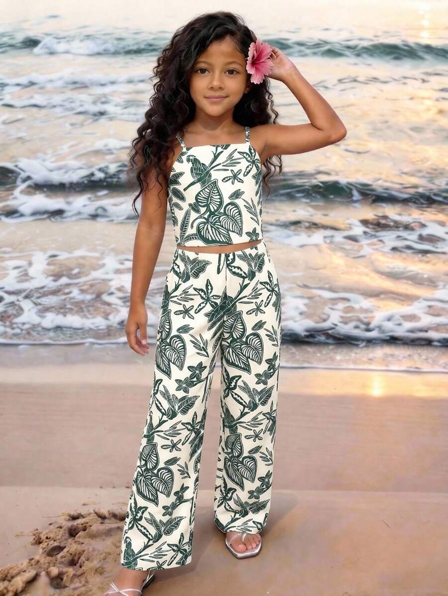 Tween girls casual 2-piece set featuring an apricot woven camisole crop top with back shirring and matching high-waisted loose long pants.