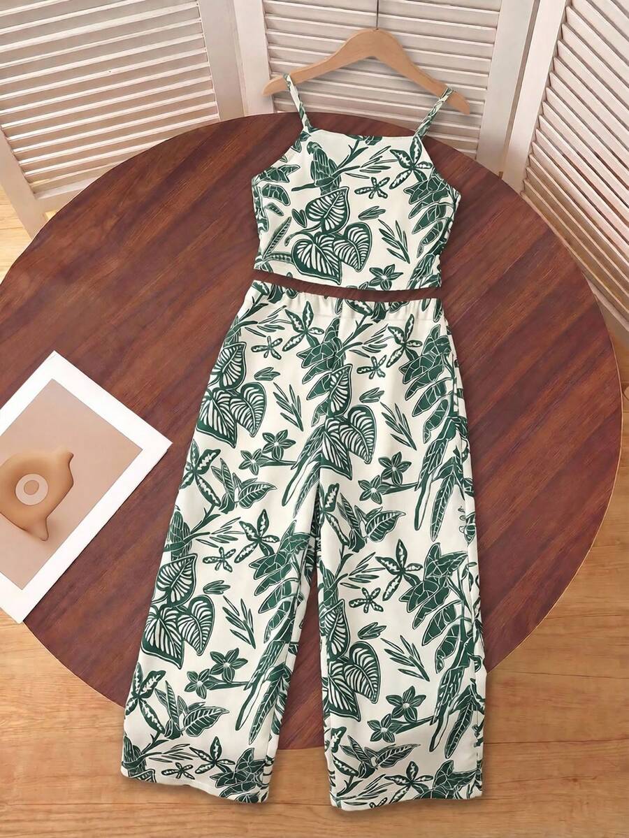 Tween girls casual 2-piece set featuring an apricot woven camisole crop top with back shirring and matching high-waisted loose long pants.