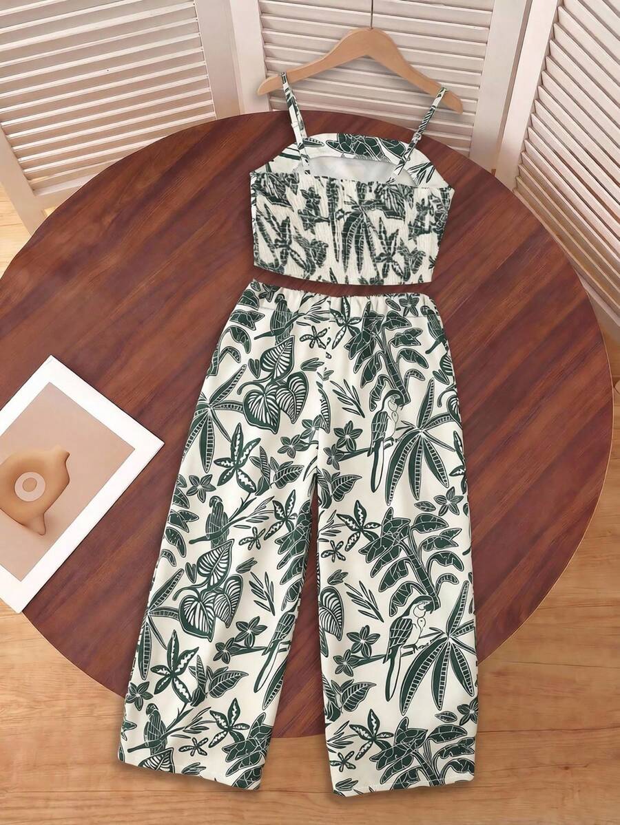 Tween girls casual 2-piece set featuring an apricot woven camisole crop top with back shirring and matching high-waisted loose long pants.