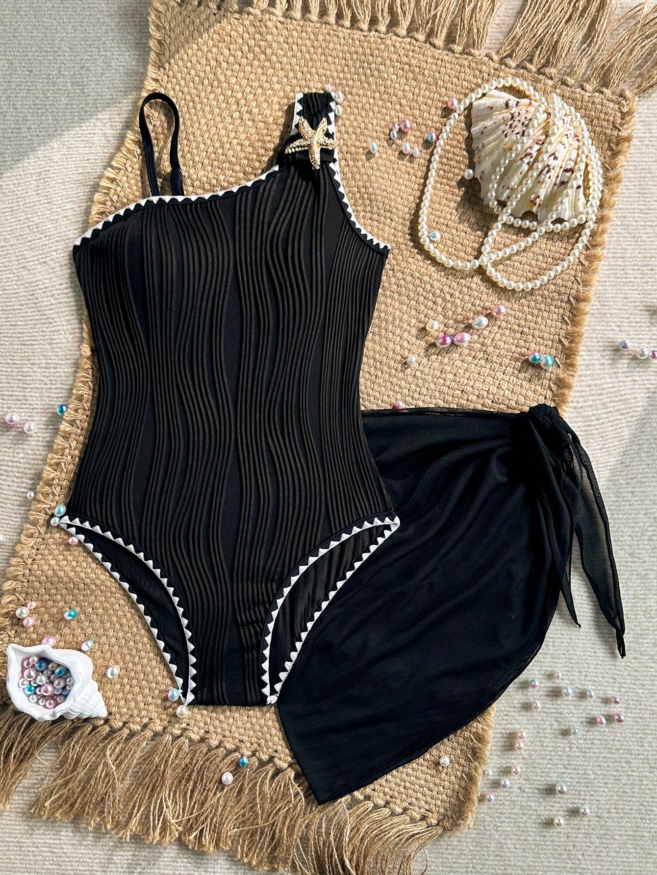 Tween Girl Solid Color Fashionable Starfish Decor One-Piece Swimsuit