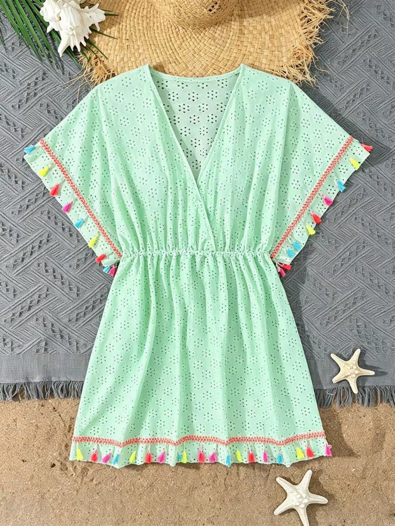 Tween girls apricot sleeveless knit mesh swimwear cover up with V-neck and hollow-out pattern
