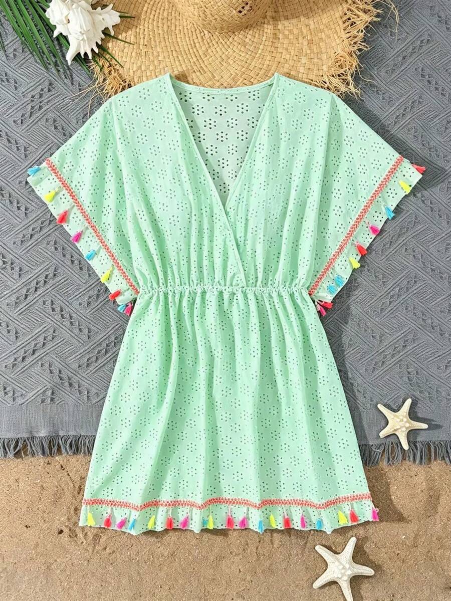 Tween girls apricot sleeveless knit mesh swimwear cover up with V-neck and hollow-out pattern