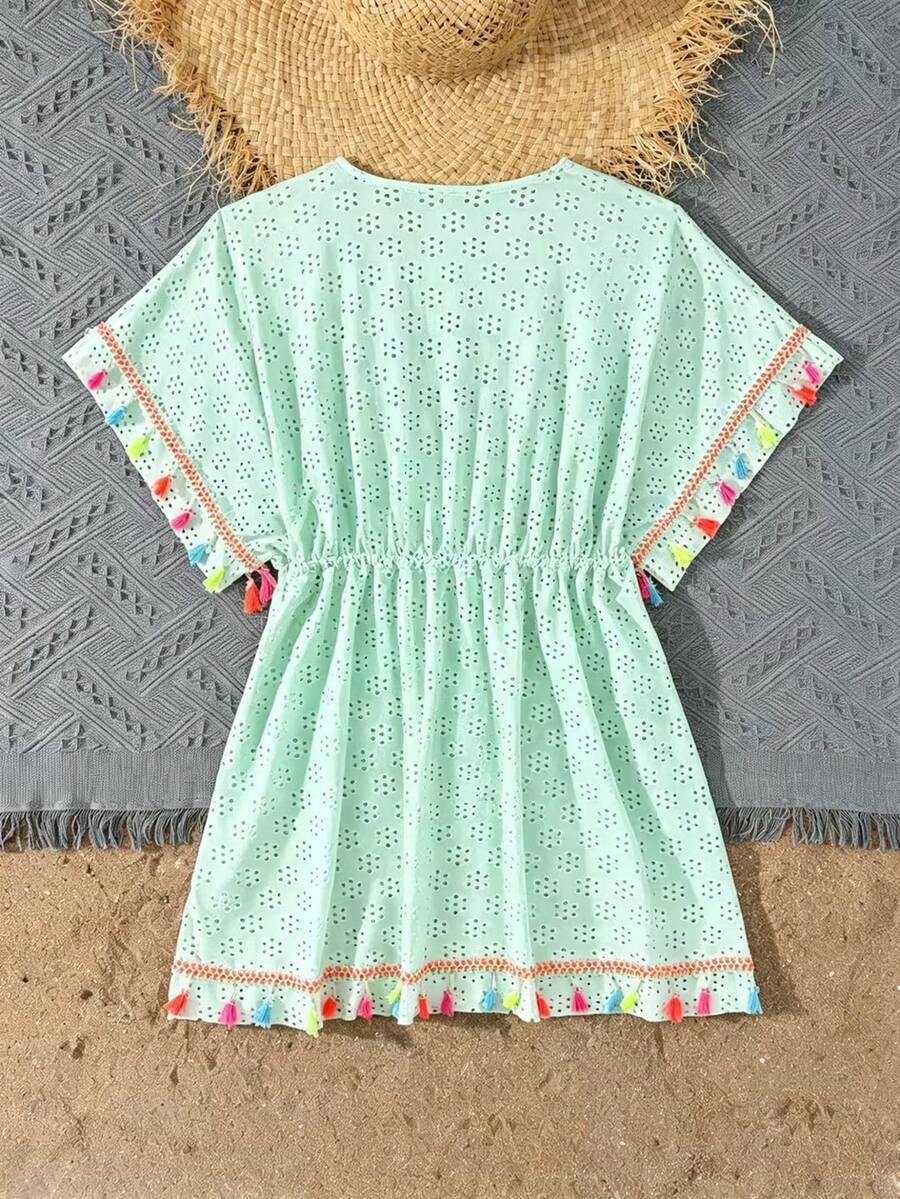Tween girls apricot sleeveless knit mesh swimwear cover up with V-neck and hollow-out pattern