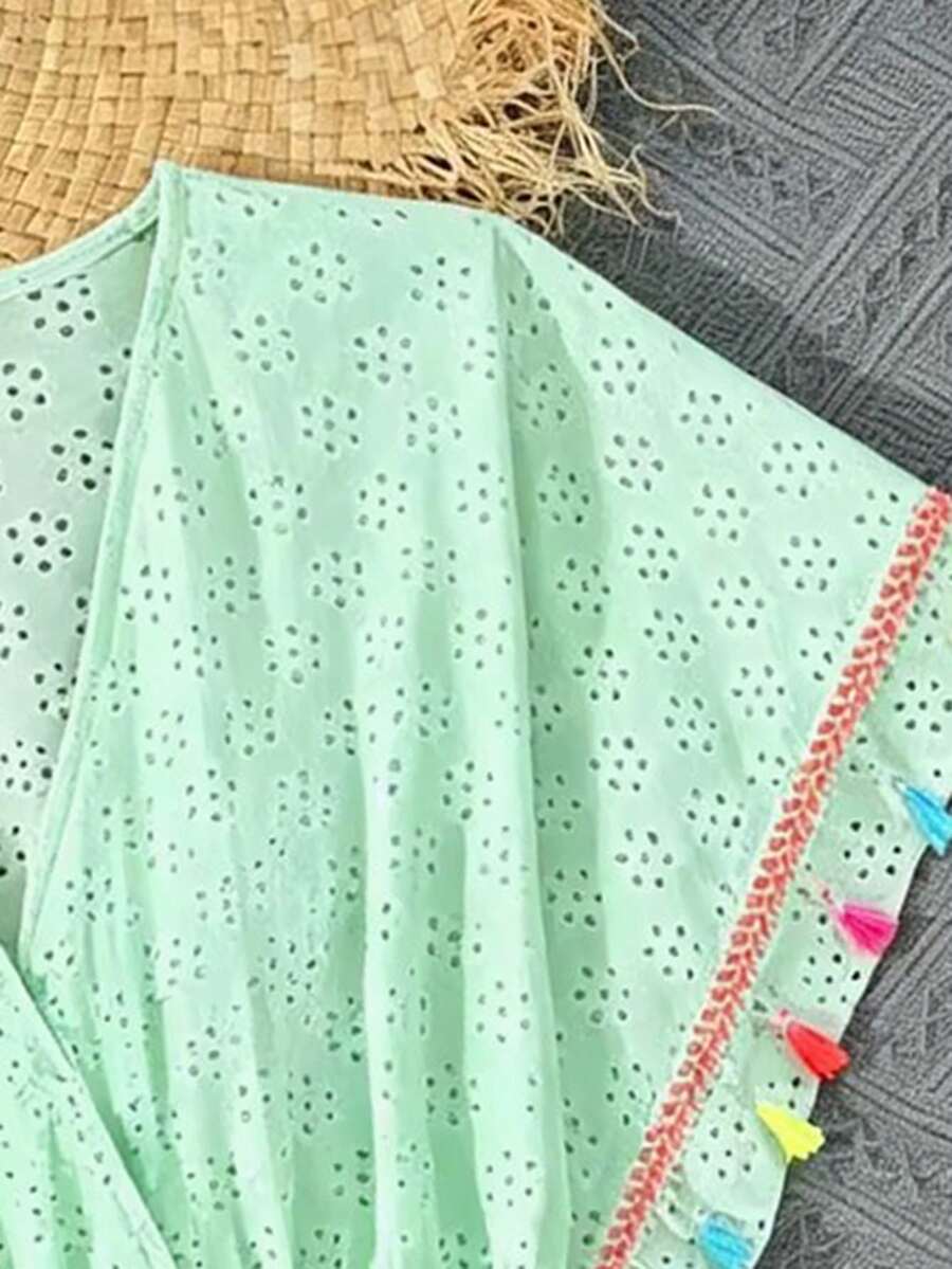 Tween girls apricot sleeveless knit mesh swimwear cover up with V-neck and hollow-out pattern