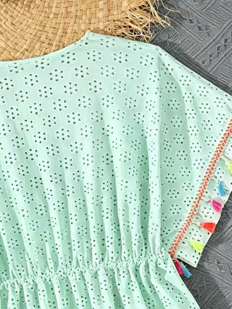 Tween girls apricot sleeveless knit mesh swimwear cover up with V-neck and hollow-out pattern