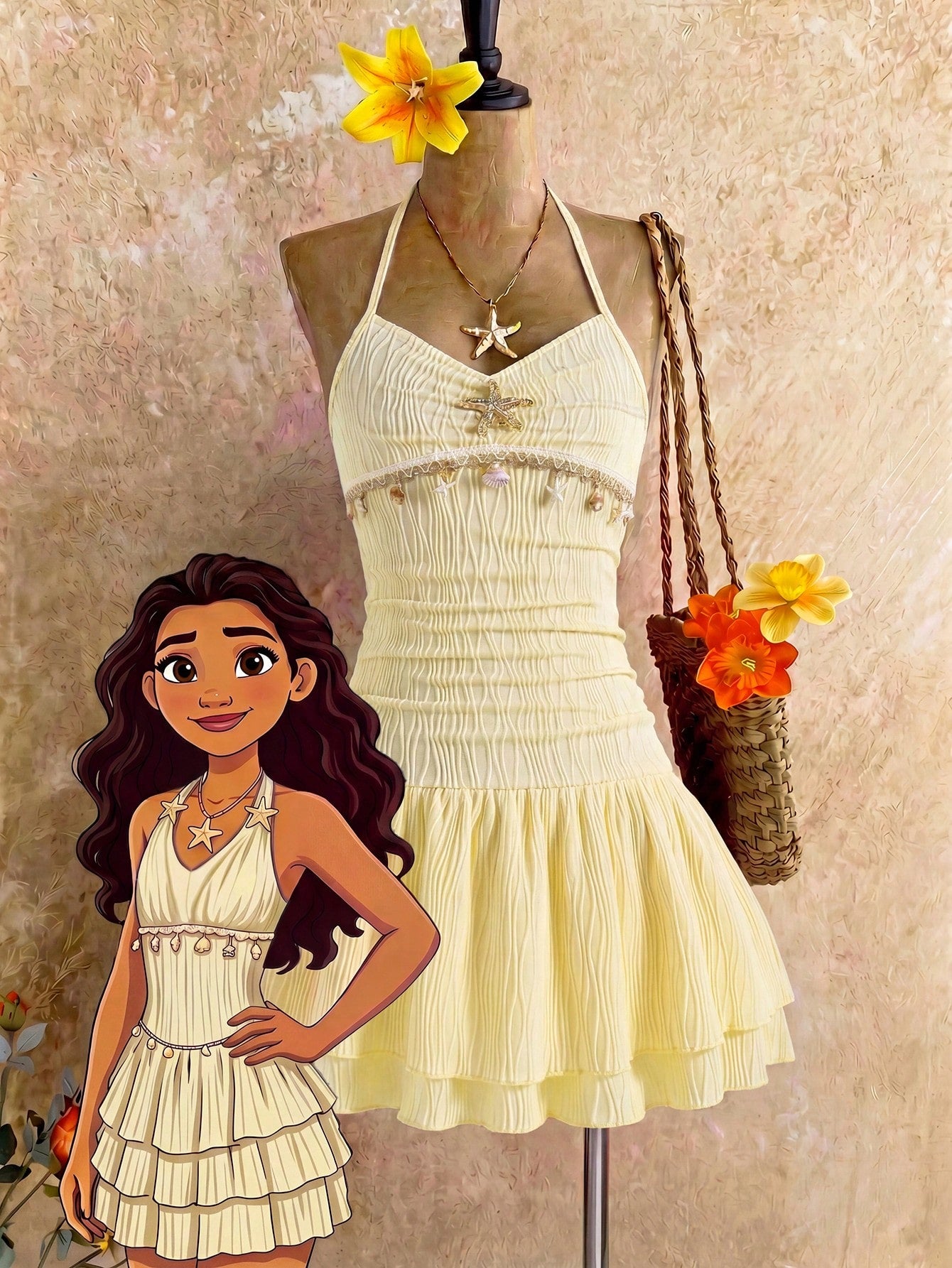 Tween girls apricot sleeveless halter mini dress with textured starfish and shell decor, shirred tiered layer, high waist, and flounce hem.
