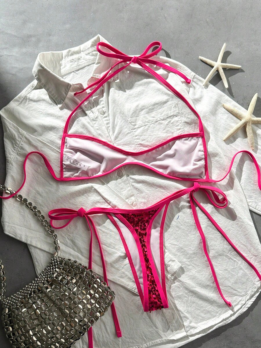 Apricot 2-piece sequin textured halter bikini set featuring a wireless top with lace-up backless ties and matching low-waist side-tie thong bottoms.