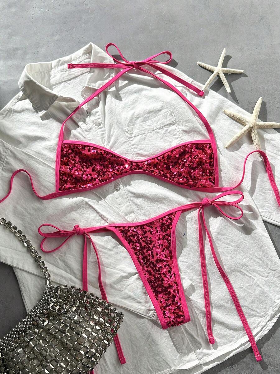 Apricot 2-piece sequin textured halter bikini set featuring a wireless top with lace-up backless ties and matching low-waist side-tie thong bottoms.