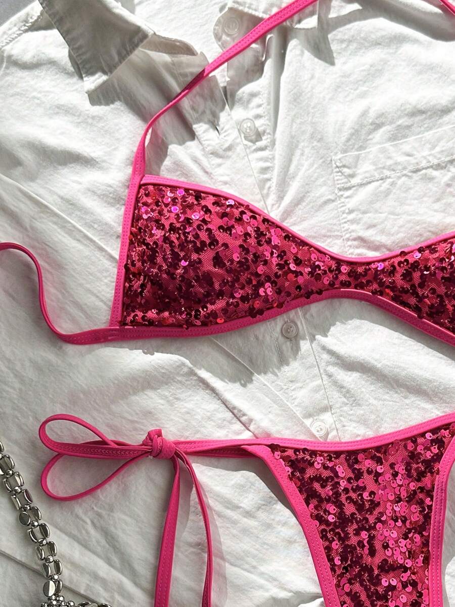 Apricot 2-piece sequin textured halter bikini set featuring a wireless top with lace-up backless ties and matching low-waist side-tie thong bottoms.