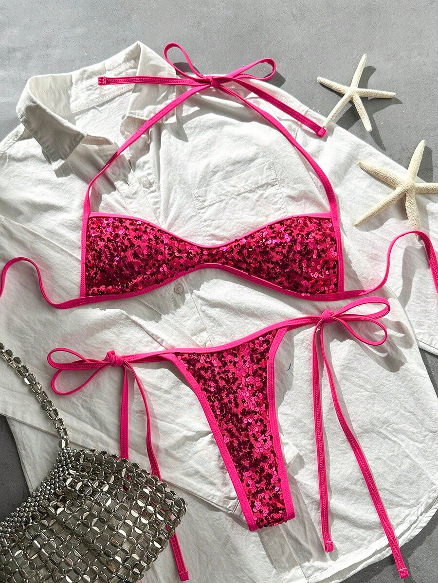 Apricot 2-piece sequin textured halter bikini set featuring a wireless top with lace-up backless ties and matching low-waist side-tie thong bottoms.