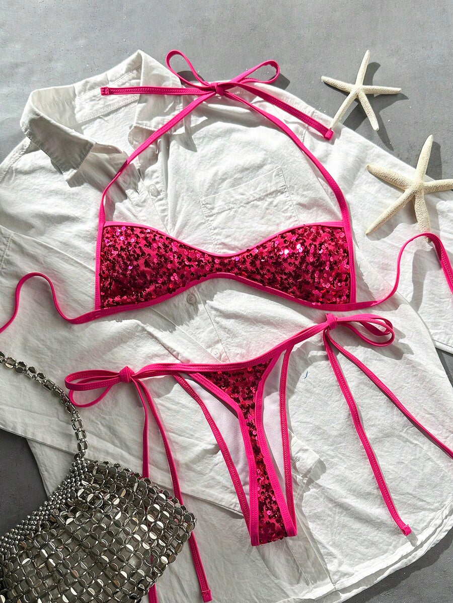 Apricot 2-piece sequin textured halter bikini set featuring a wireless top with lace-up backless ties and matching low-waist side-tie thong bottoms.