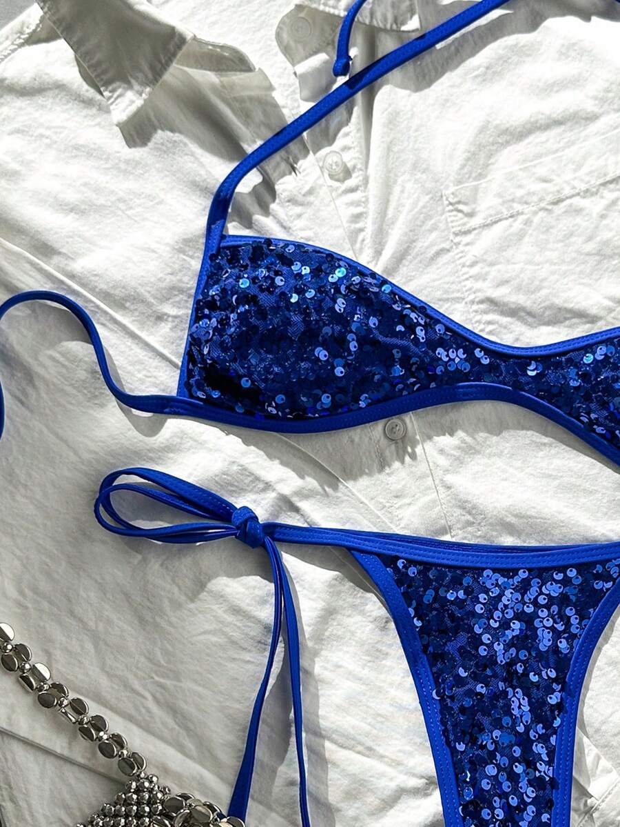 Apricot 2-piece sequin textured halter bikini set featuring a wireless top with lace-up backless ties and matching low-waist side-tie thong bottoms.