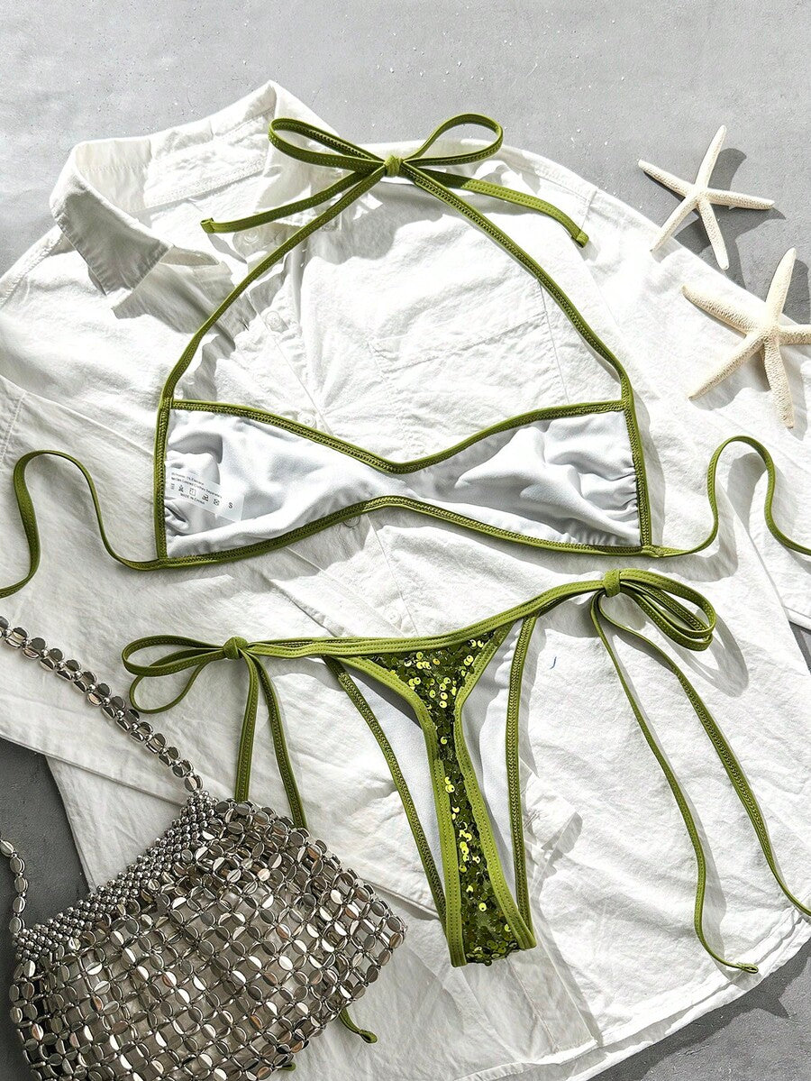 Apricot 2-piece sequin textured halter bikini set featuring a wireless top with lace-up backless ties and matching low-waist side-tie thong bottoms.