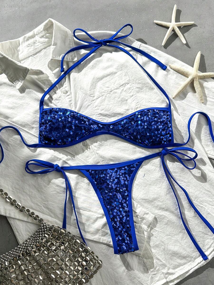 Apricot 2-piece sequin textured halter bikini set featuring a wireless top with lace-up backless ties and matching low-waist side-tie thong bottoms.