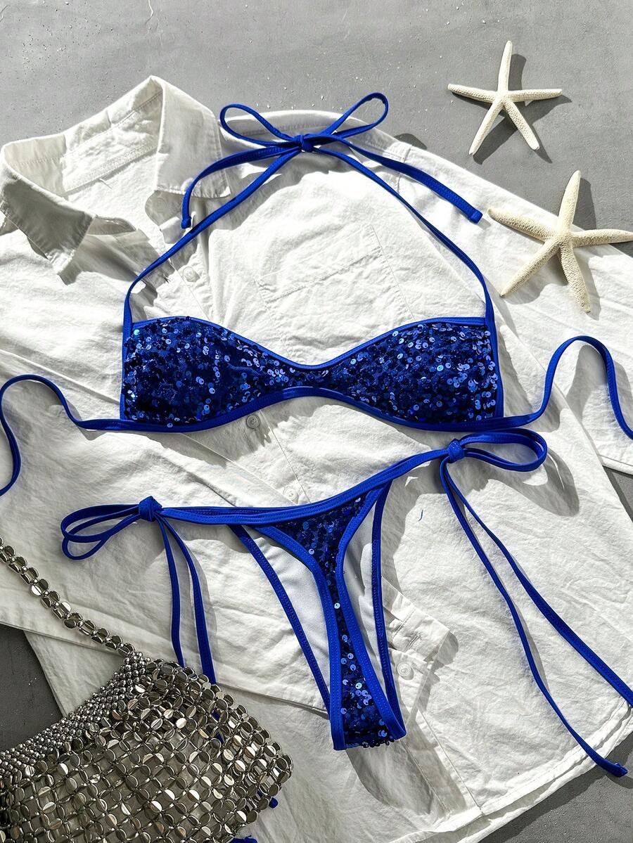 Apricot 2-piece sequin textured halter bikini set featuring a wireless top with lace-up backless ties and matching low-waist side-tie thong bottoms.