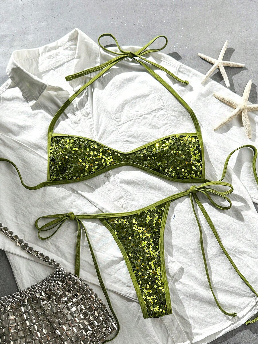 Apricot 2-piece sequin textured halter bikini set featuring a wireless top with lace-up backless ties and matching low-waist side-tie thong bottoms.