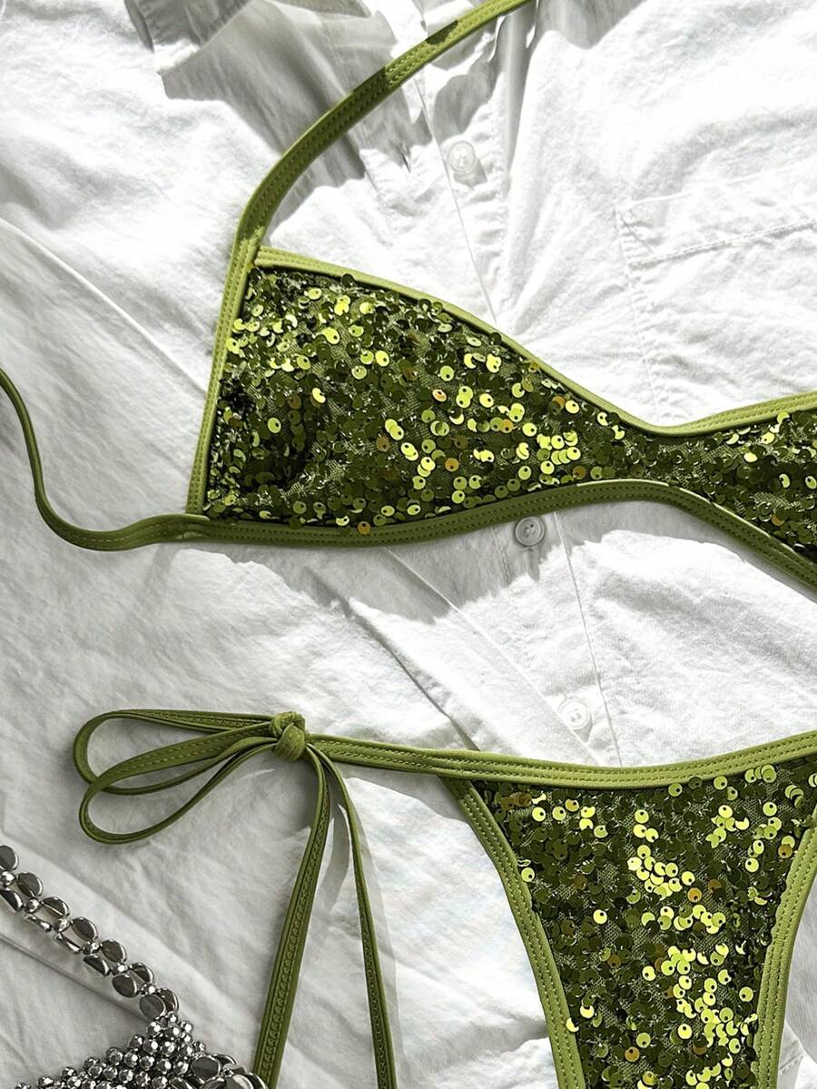Apricot 2-piece sequin textured halter bikini set featuring a wireless top with lace-up backless ties and matching low-waist side-tie thong bottoms.