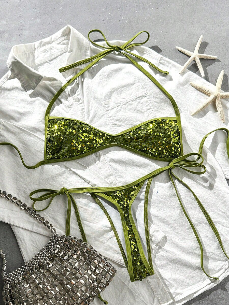 Apricot 2-piece sequin textured halter bikini set featuring a wireless top with lace-up backless ties and matching low-waist side-tie thong bottoms.