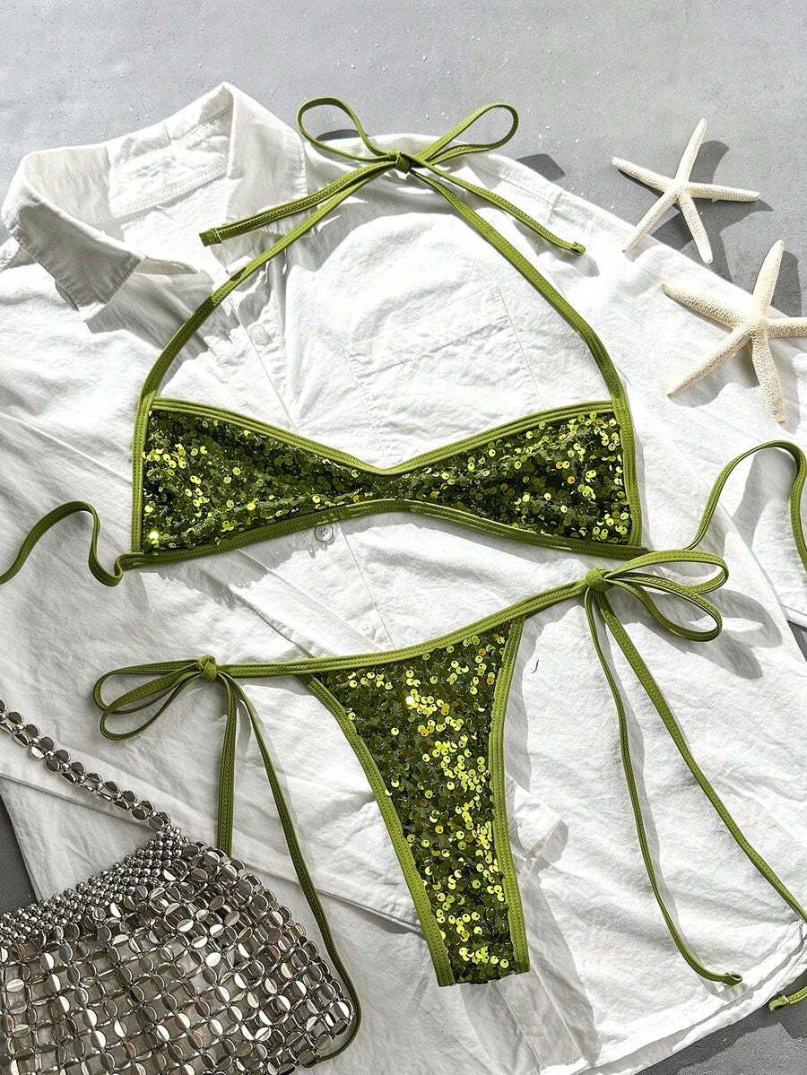 Apricot 2-piece sequin textured halter bikini set featuring a wireless top with lace-up backless ties and matching low-waist side-tie thong bottoms.