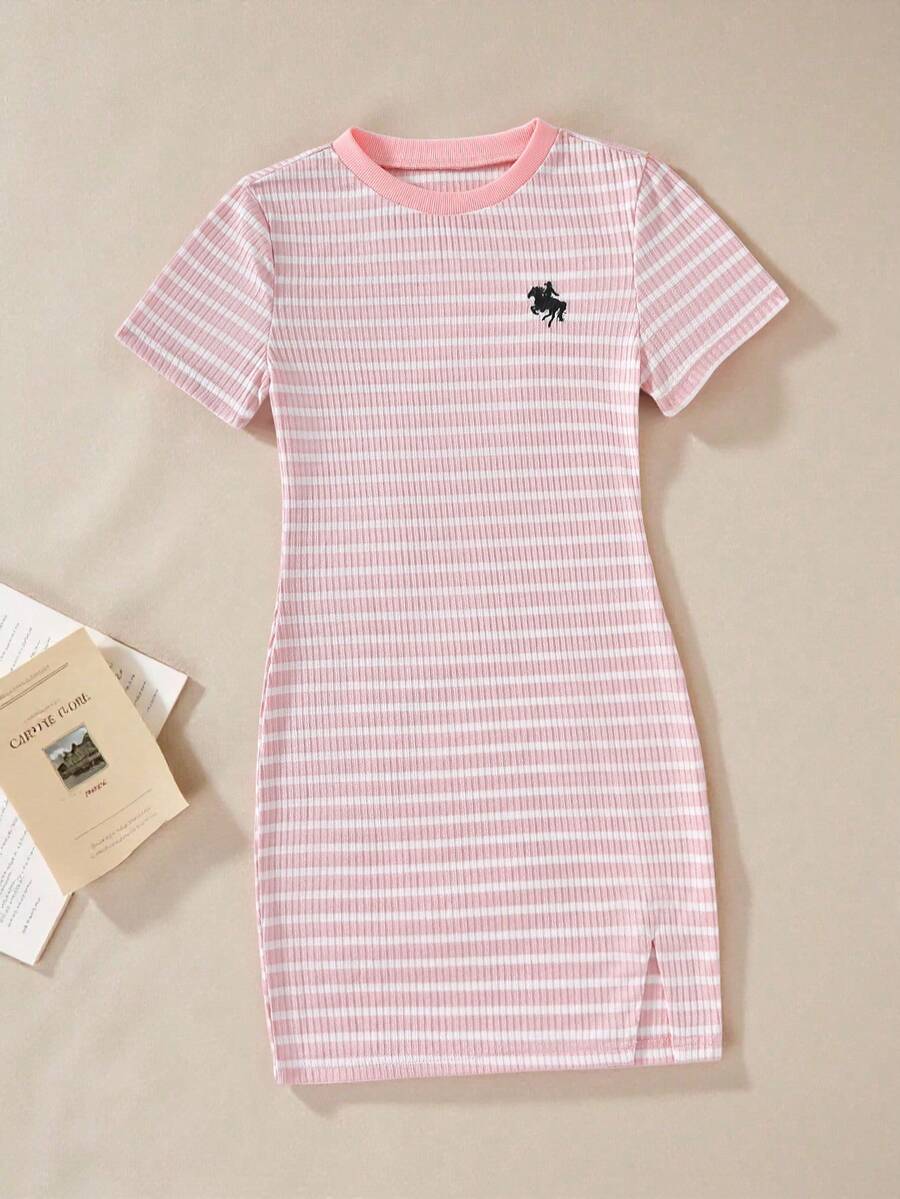 Girls black striped midi dress featuring short sleeves, round neck, slim fit, and flared hem.