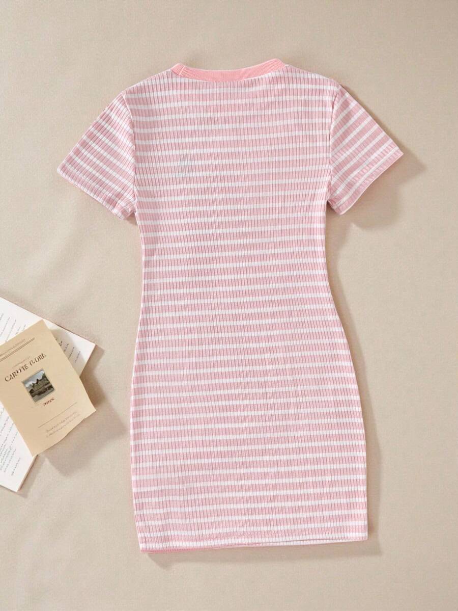 Girls black striped midi dress featuring short sleeves, round neck, slim fit, and flared hem.