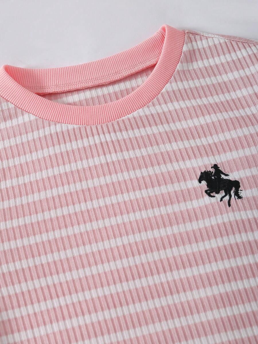 Girls black striped midi dress featuring short sleeves, round neck, slim fit, and flared hem.