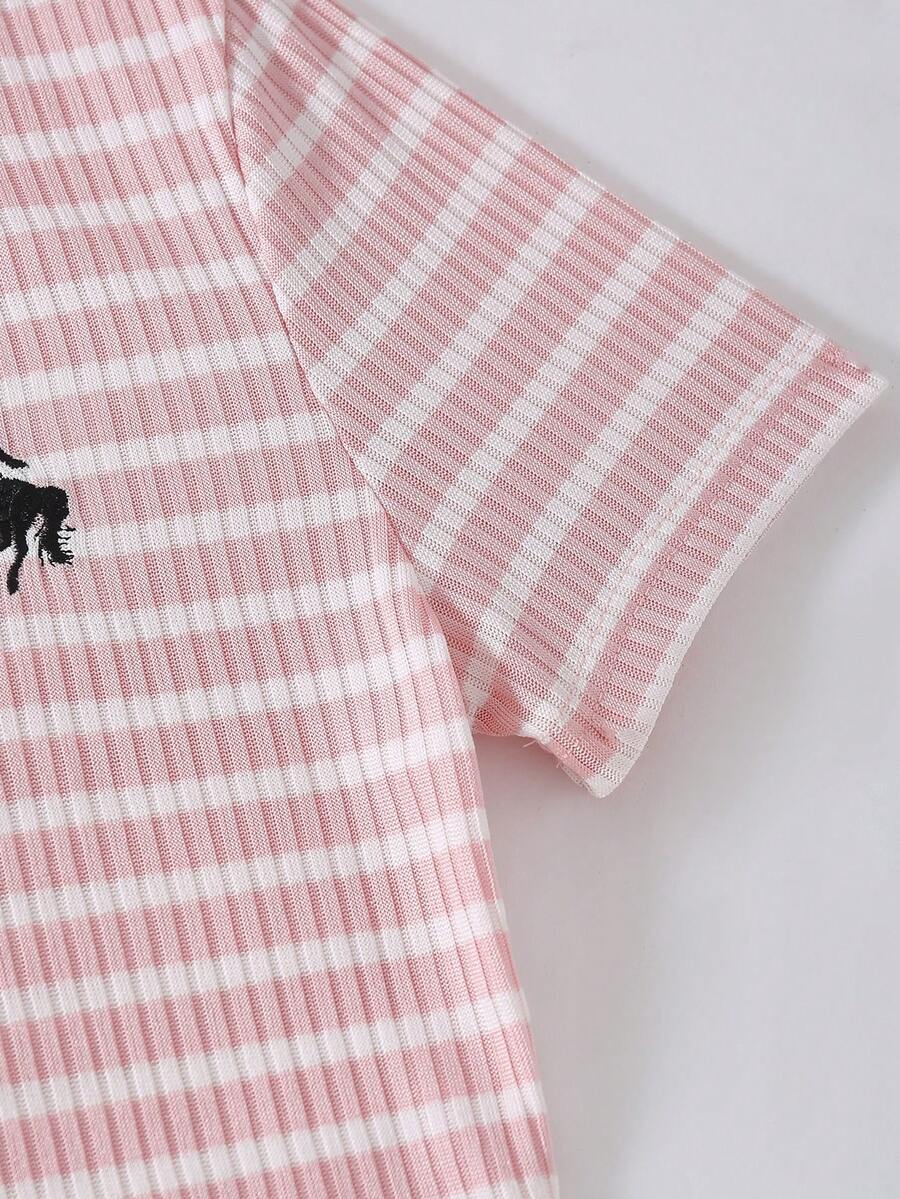 Girls black striped midi dress featuring short sleeves, round neck, slim fit, and flared hem.