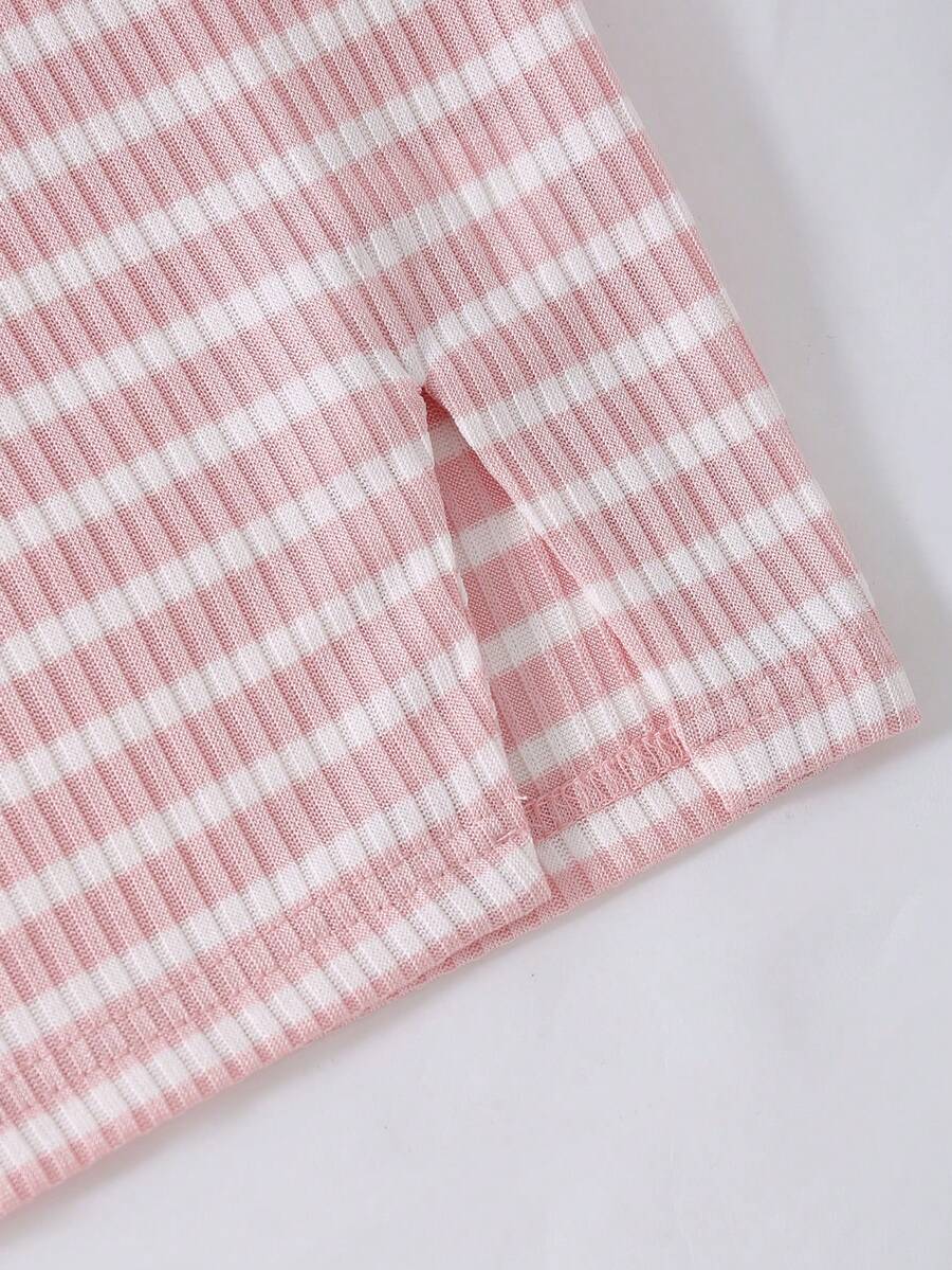 Girls black striped midi dress featuring short sleeves, round neck, slim fit, and flared hem.