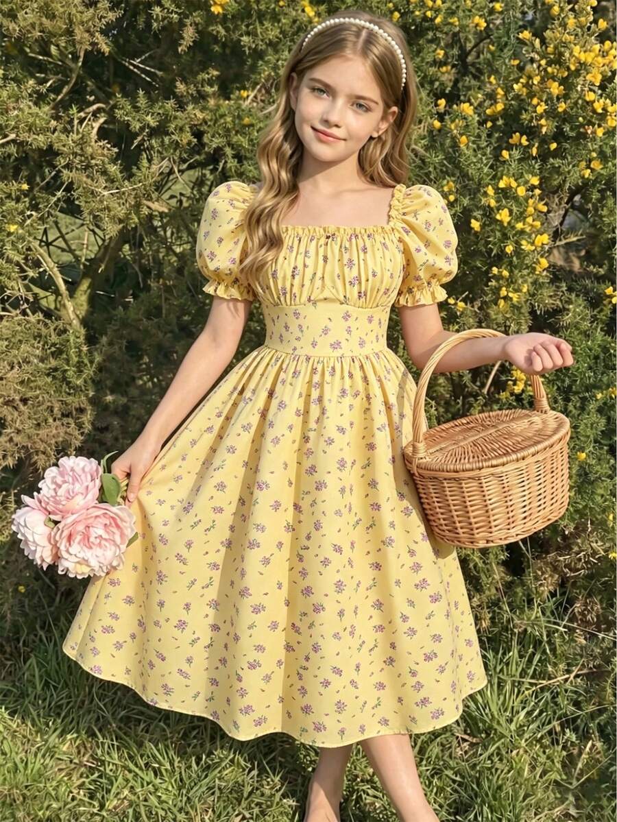 Apricot tween girls dress featuring square neckline, short puff sleeves, ruched bust, high waist, and flared A-line hem.